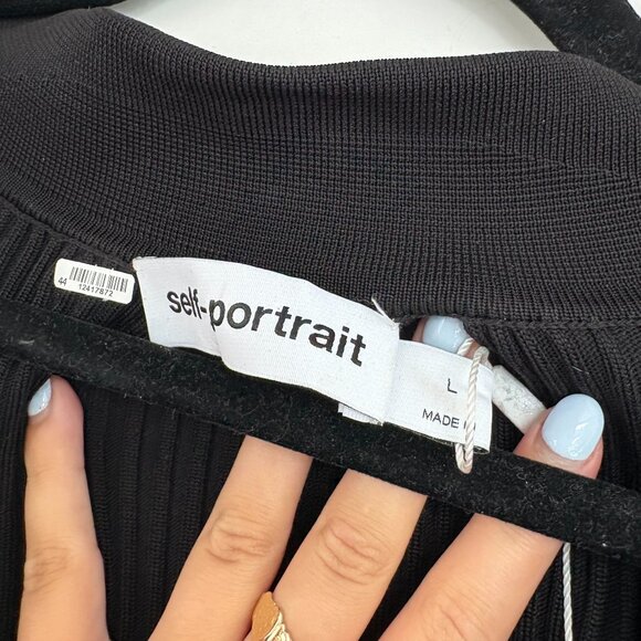 Self-Portrait Wrap Mini Dress Black Contrast Piping Ribbed Knit Chest Pockets - Picture 3 of 11